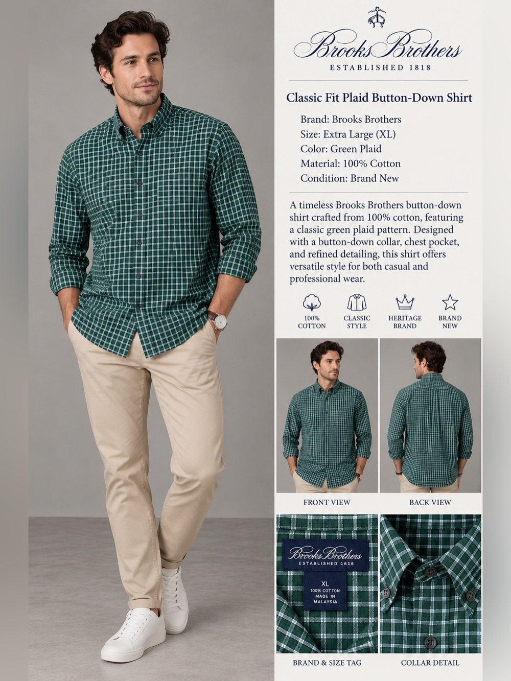Brooks Brothers Men’s Green Plaid 100% Cotton Button Down Shirt XL New